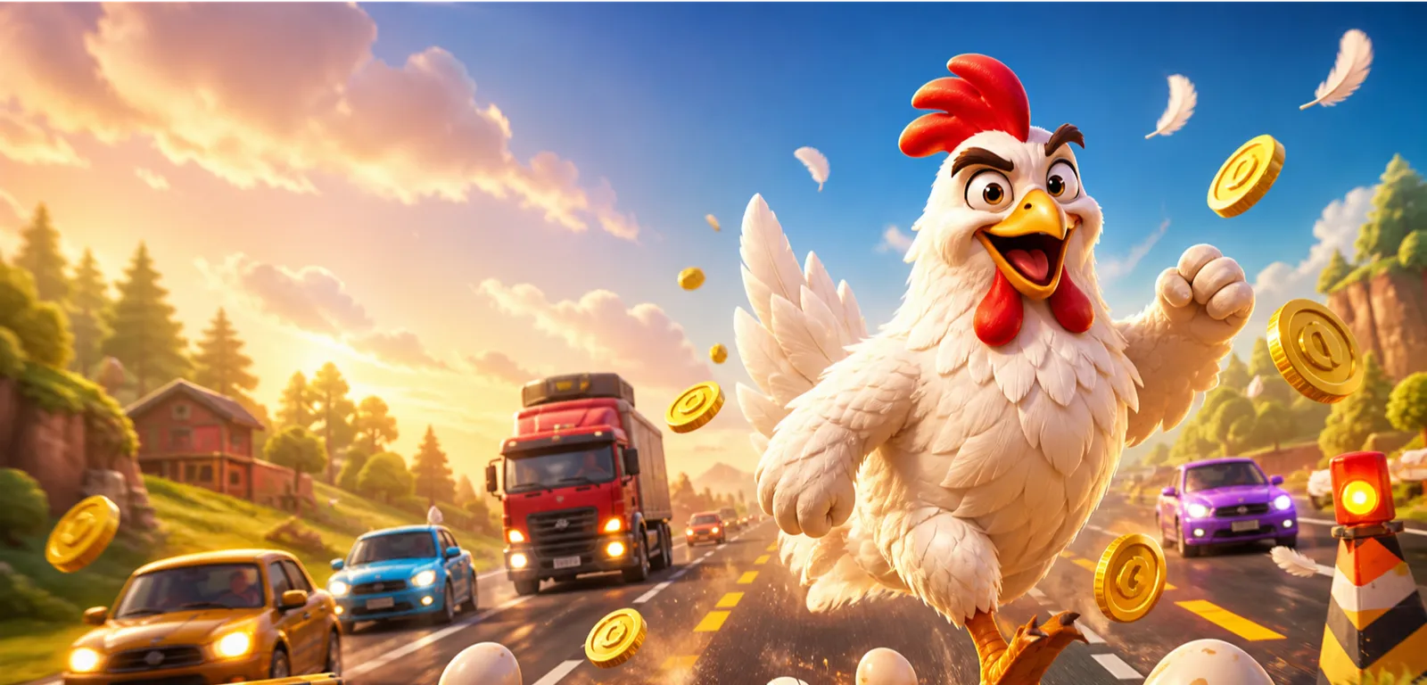 Dynamic Chicken Road game scene featuring 3D chicken mascot crossing a traffic-filled road with eggs and coins.