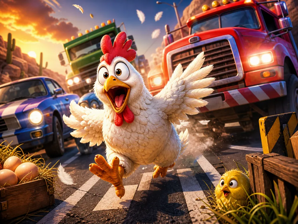 Promotional artwork featuring a funny chicken character dodging traffic on a busy road for the Chicken Road slot game.