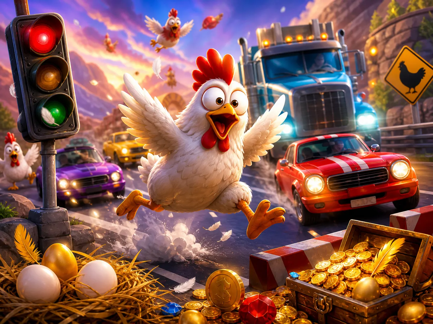 Artistic depiction of Chicken Road slot game with chicken character and colorful road setting